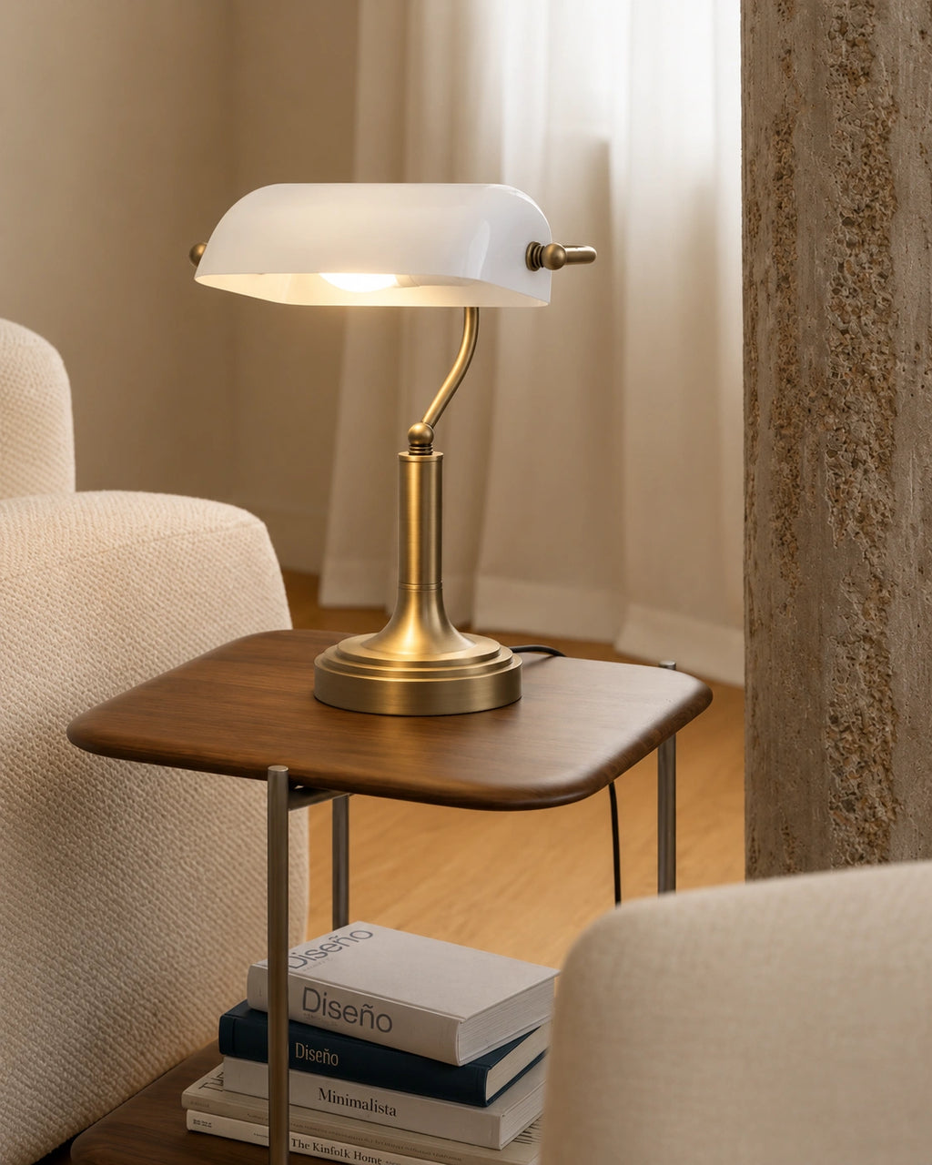 Lampe de chevet style banquier rétro en laiton et verre