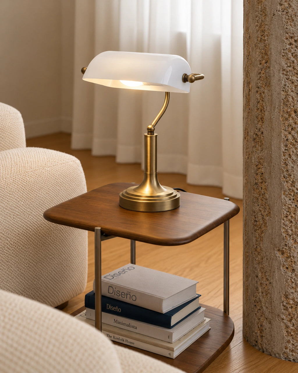 Lampe de chevet style banquier rétro en laiton et verre