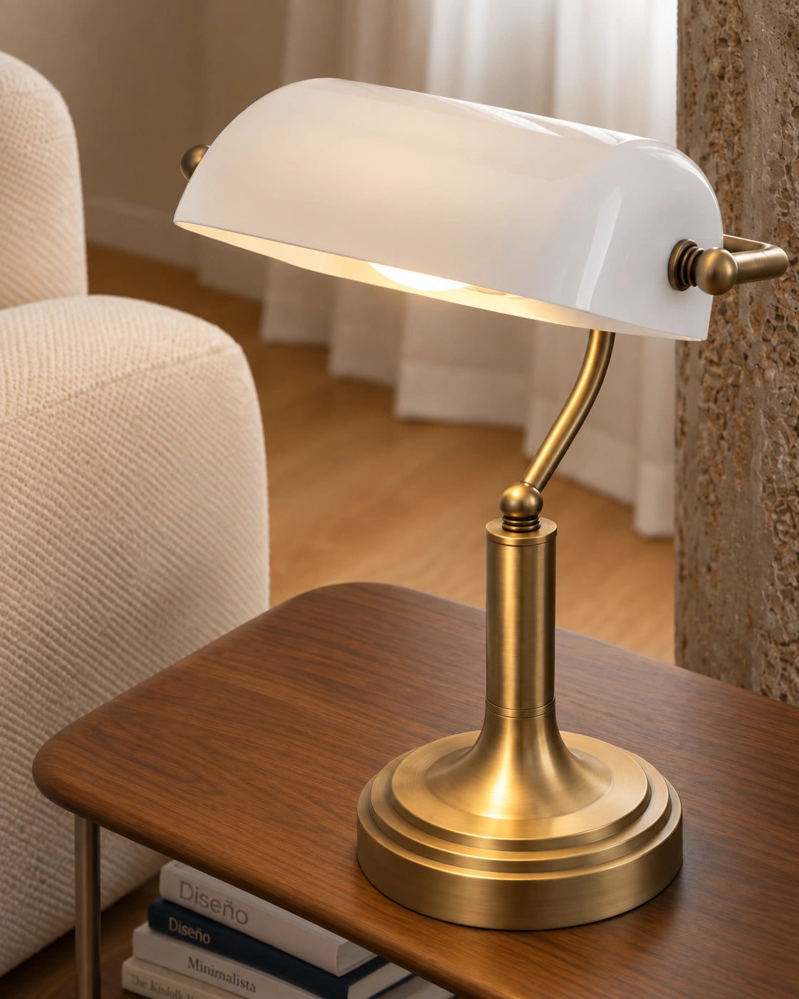 Lampe de chevet style banquier rétro en laiton et verre