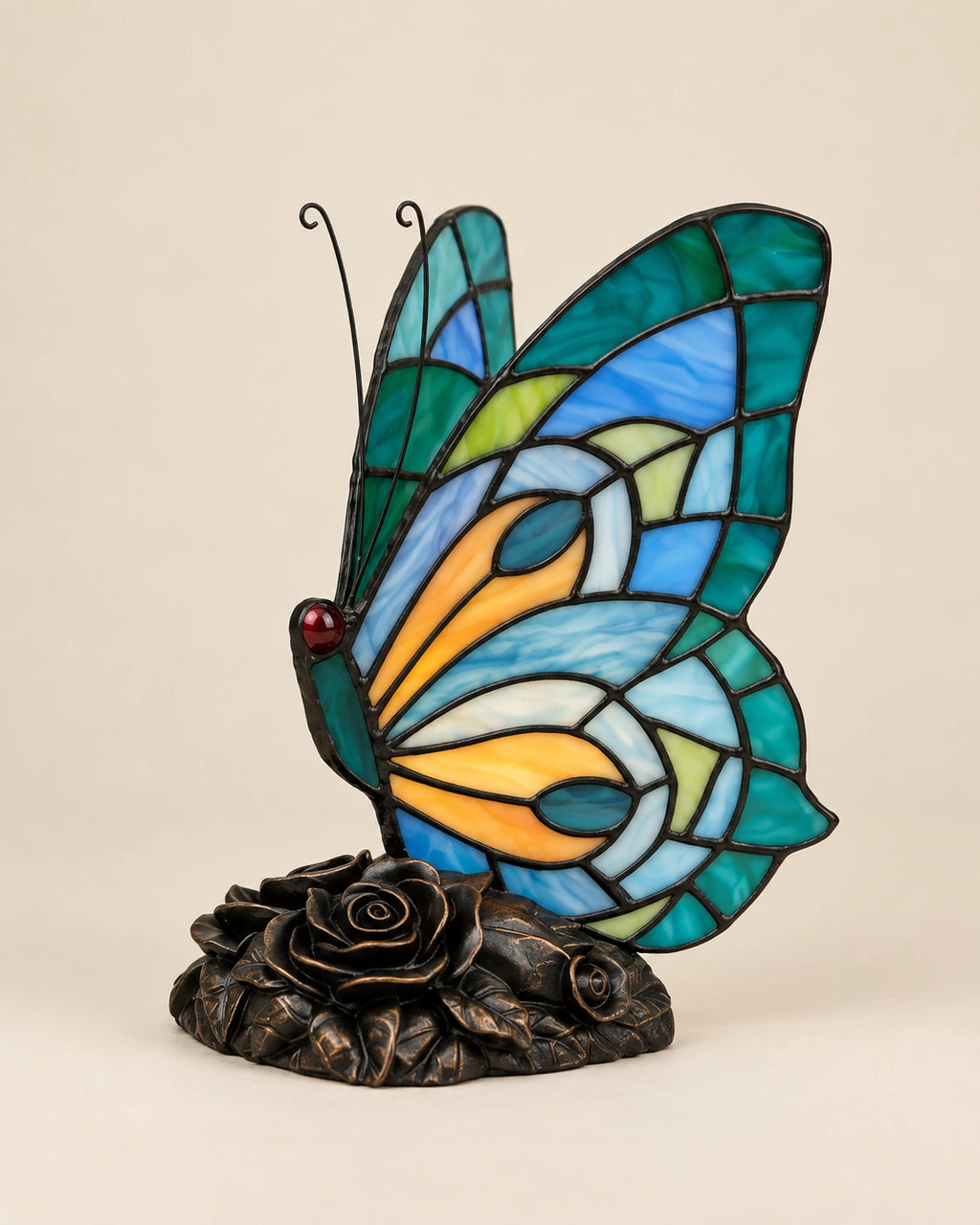 Lampe de chevet papillon en verre de couleur et support métal