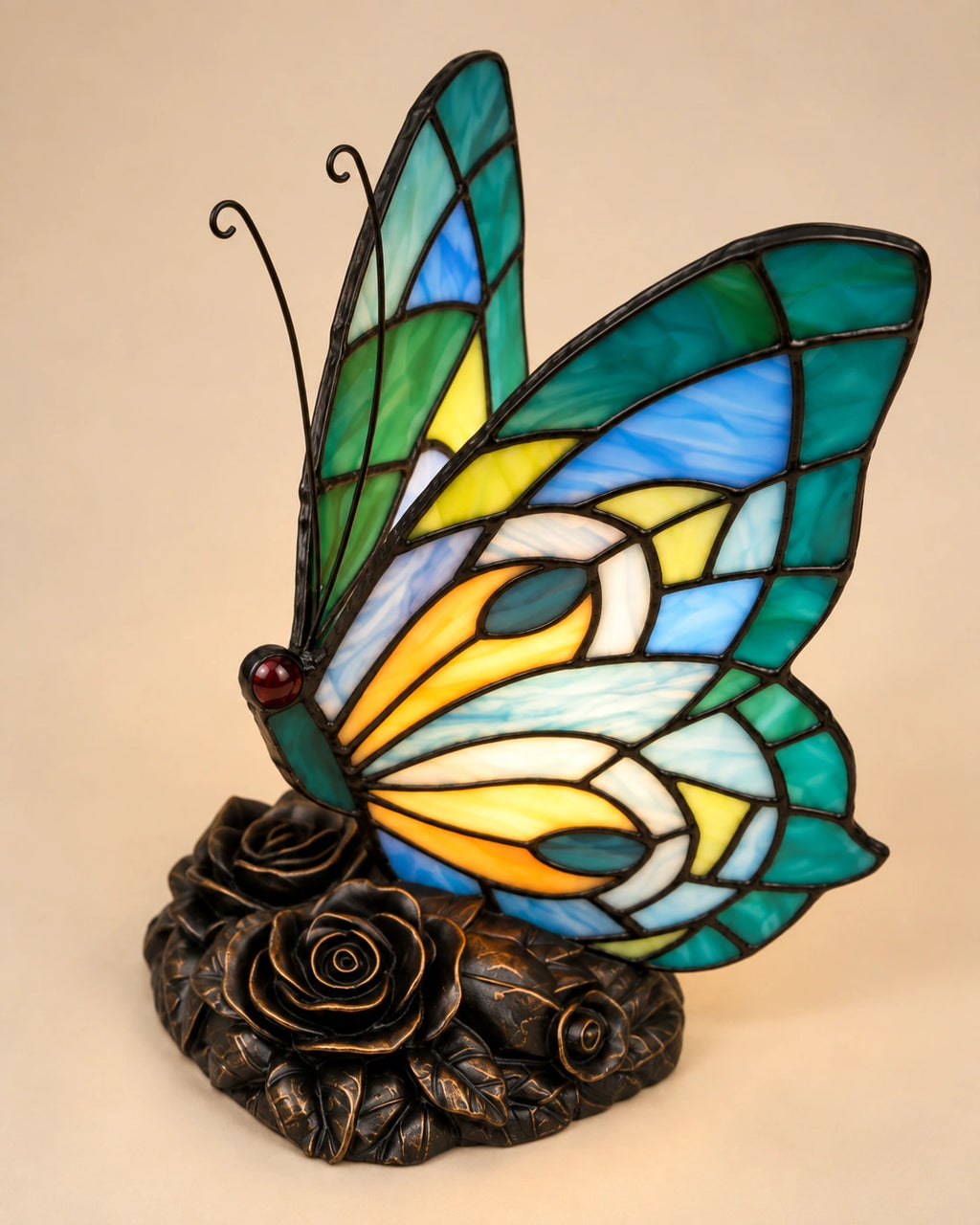 Lampe de chevet papillon en verre de couleur et support métal