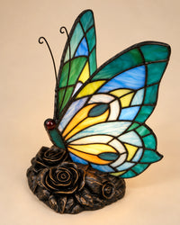 Lampe de chevet papillon en verre de couleur et support métal
