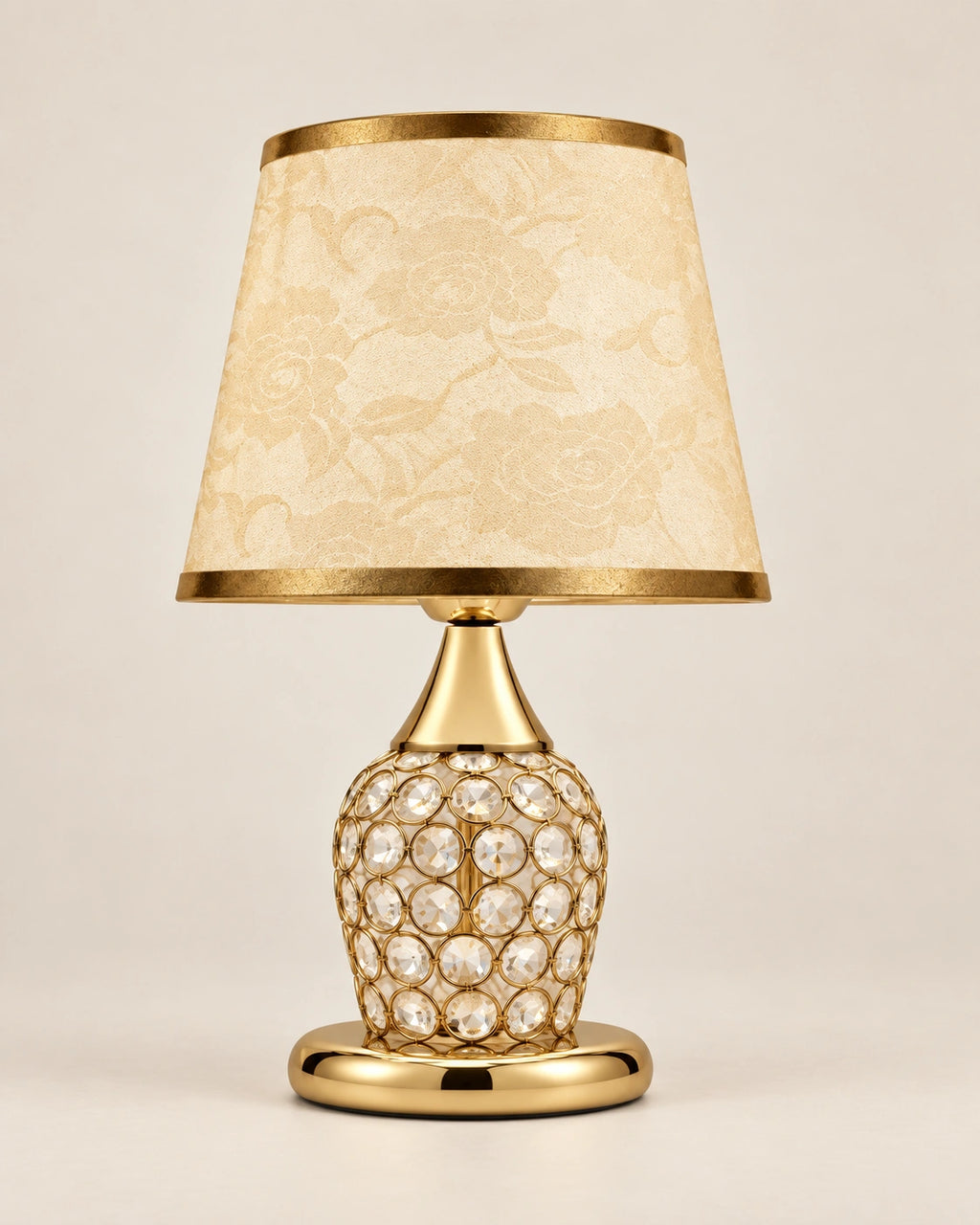 Lampe de chevet en cristal, chromée et abat jour en tissu