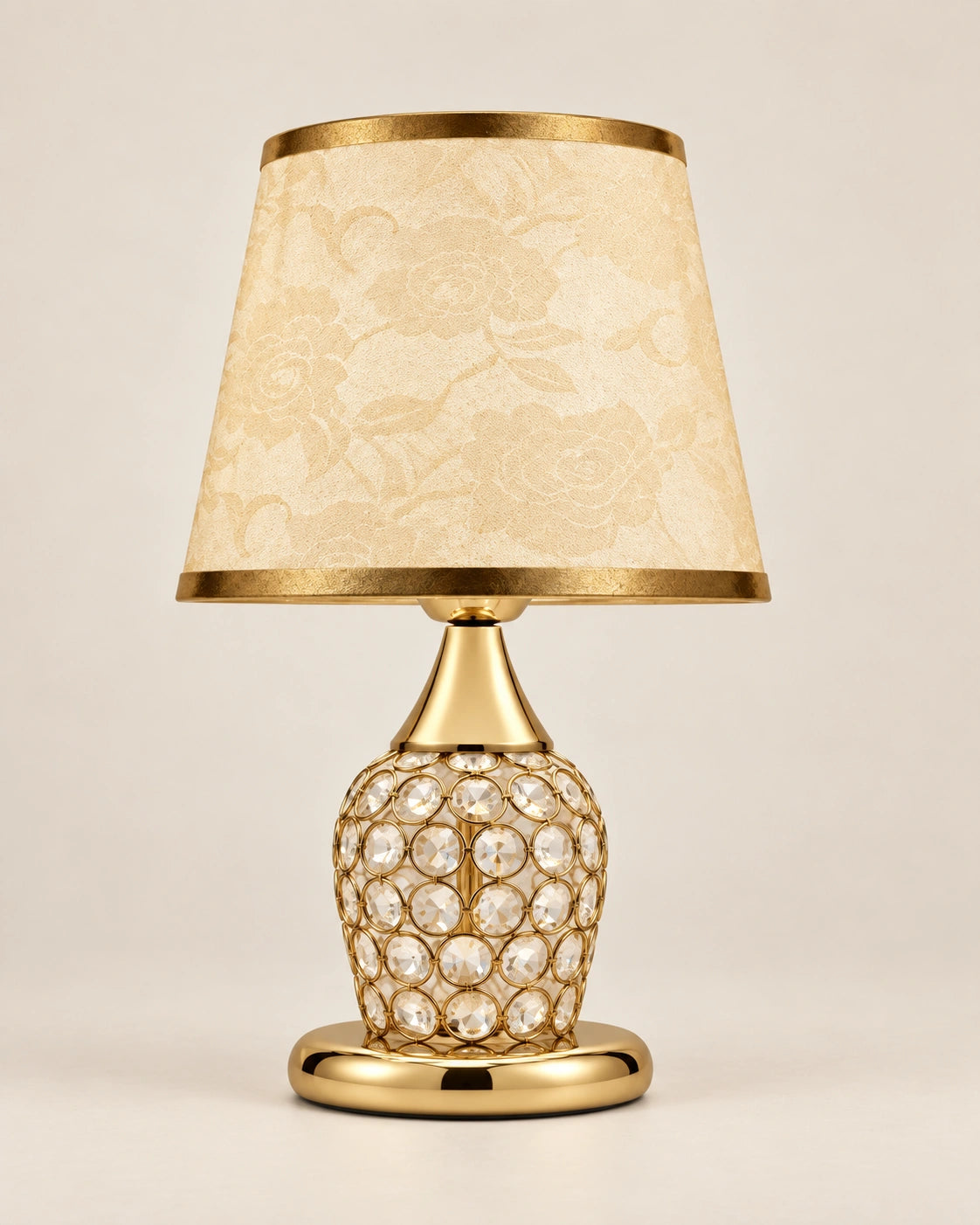 Lampe de chevet en cristal, chromée et abat jour en tissu
