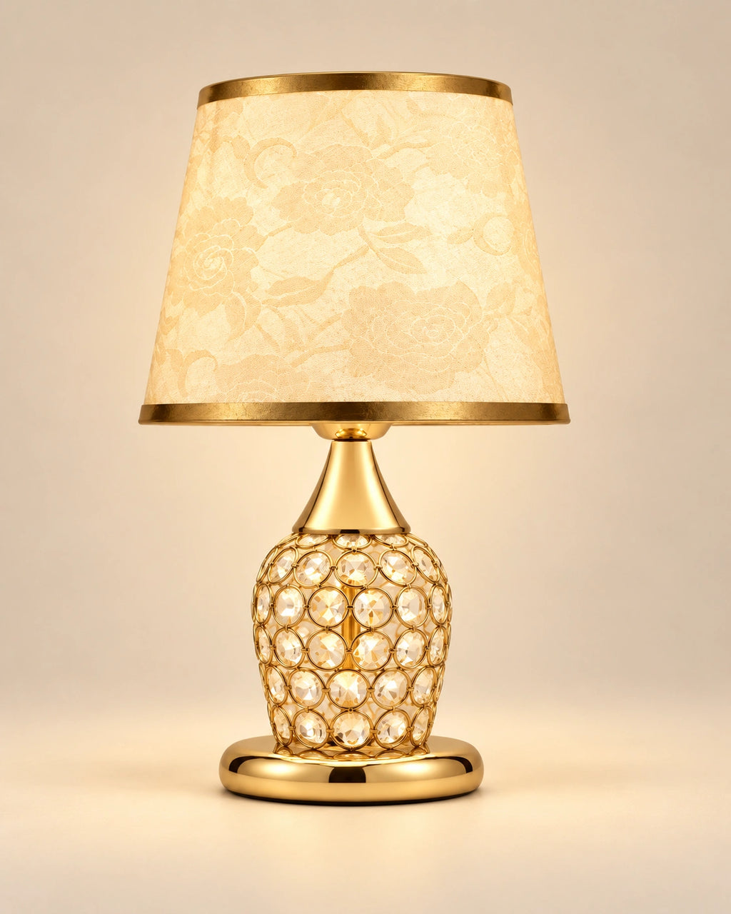Lampe de chevet en cristal, chromée et abat jour en tissu