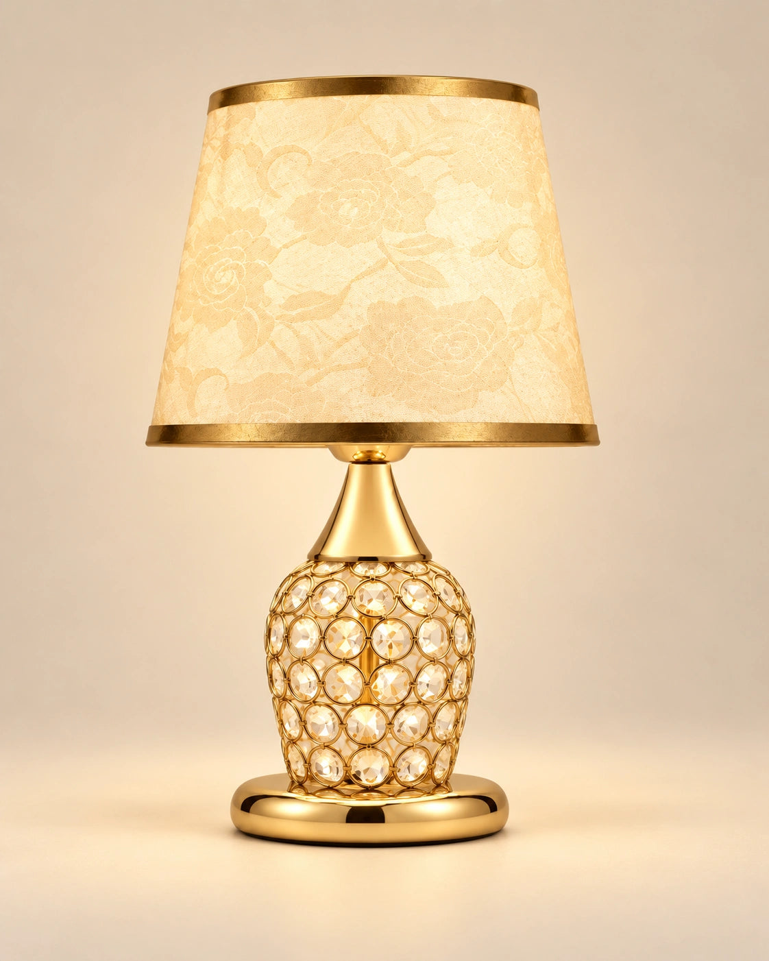 Lampe de chevet en cristal, chromée et abat jour en tissu