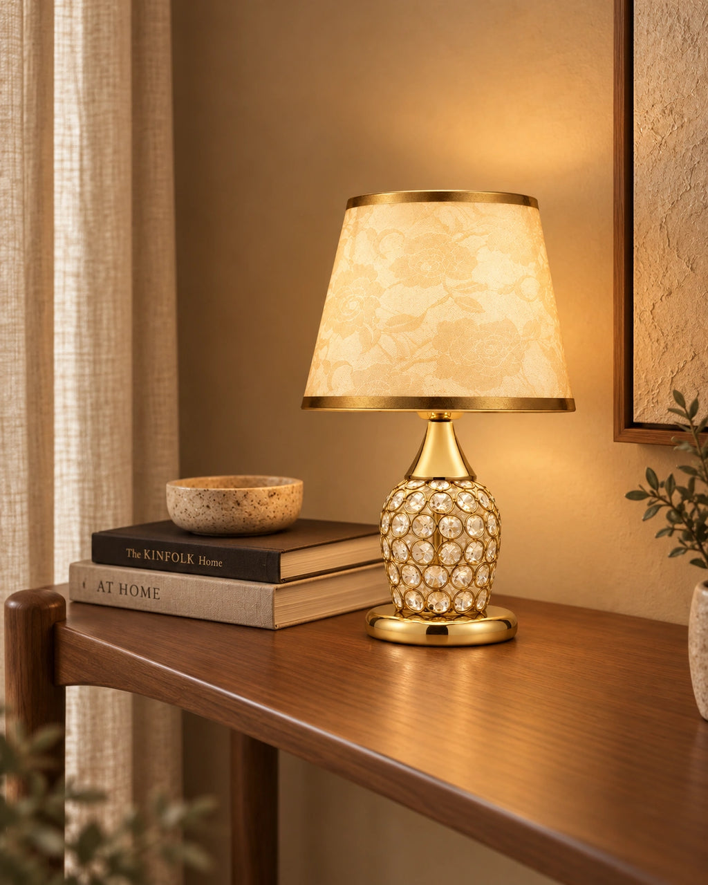 Lampe de chevet en cristal, chromée et abat jour en tissu