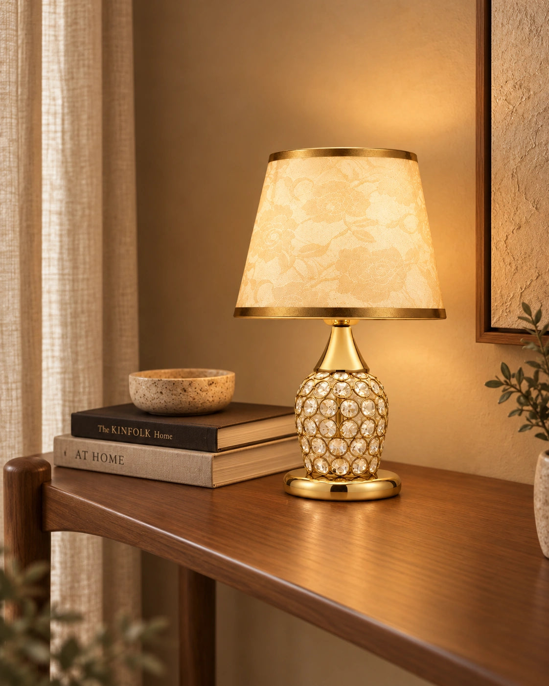 Lampe de chevet en cristal, chromée et abat jour en tissu