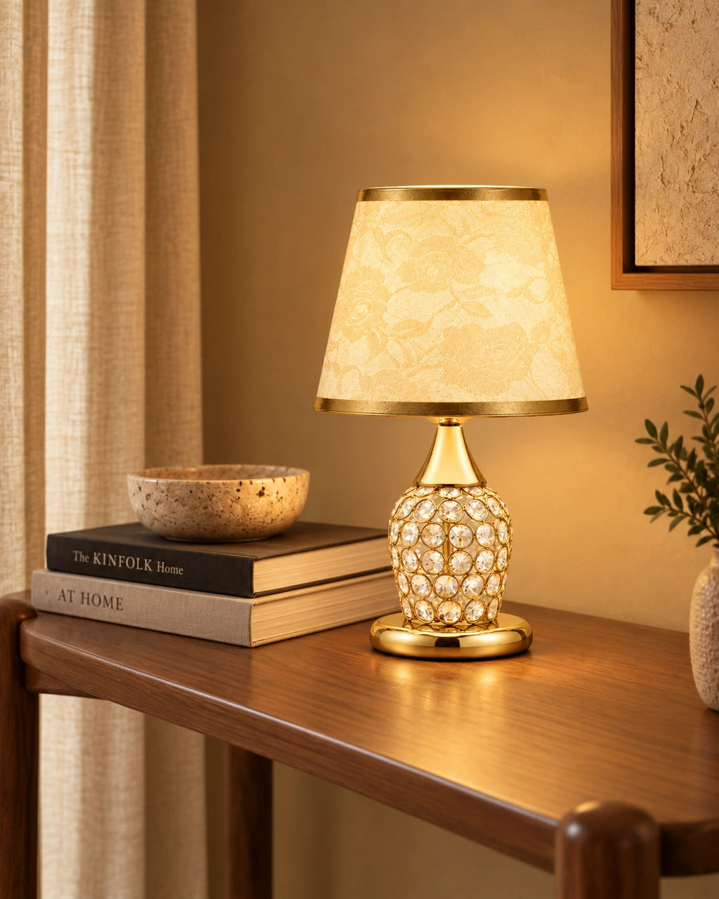 Lampe de chevet en cristal, chromée et abat jour en tissu