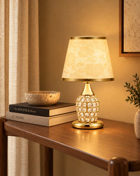 Lampe de chevet en cristal, chromée et abat jour en tissu