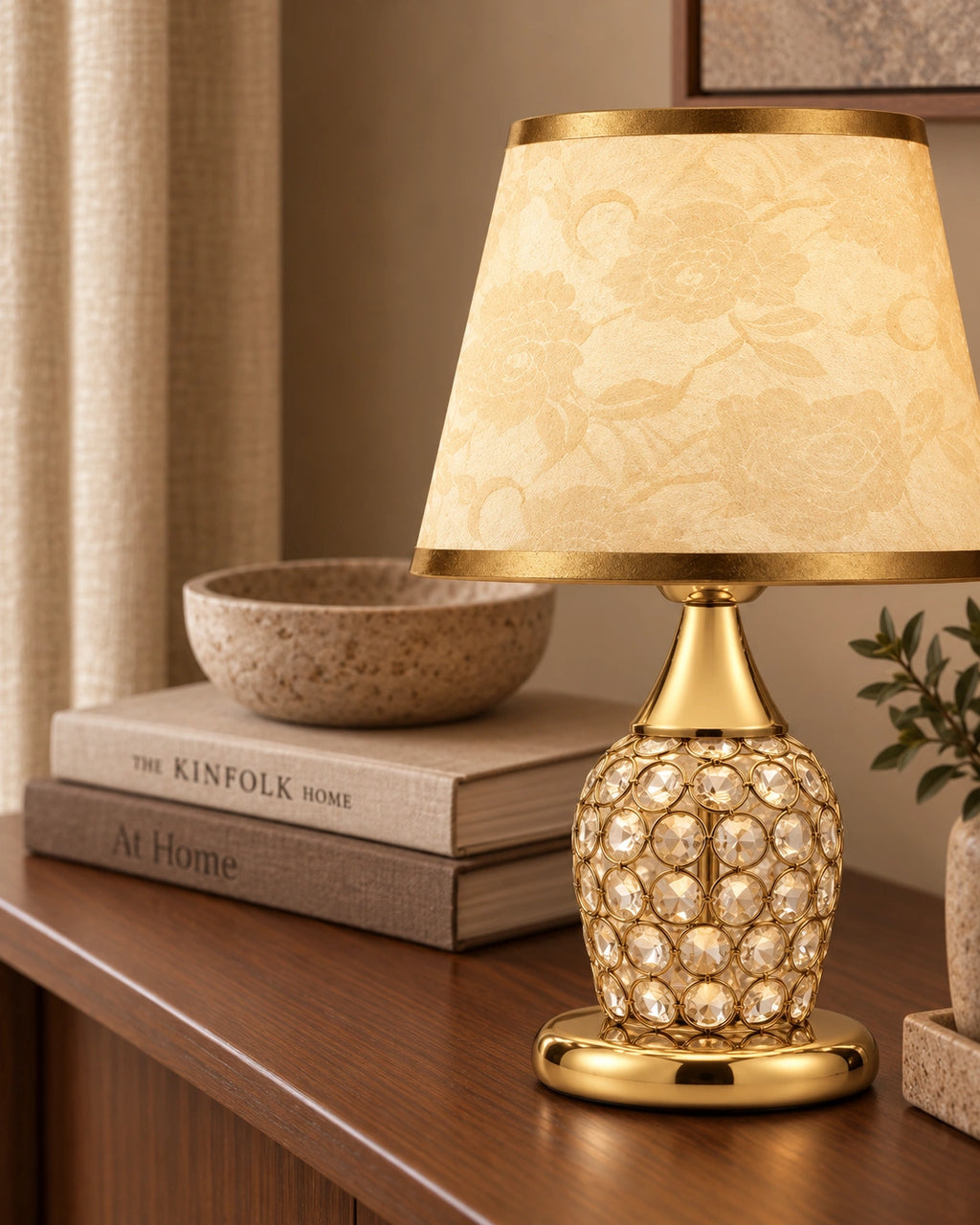 Lampe de chevet en cristal, chromée et abat jour en tissu