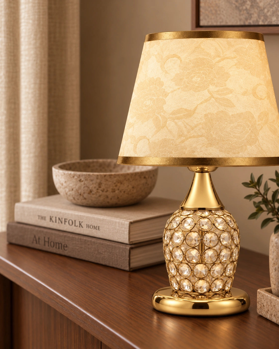 Lampe de chevet en cristal, chromée et abat jour en tissu
