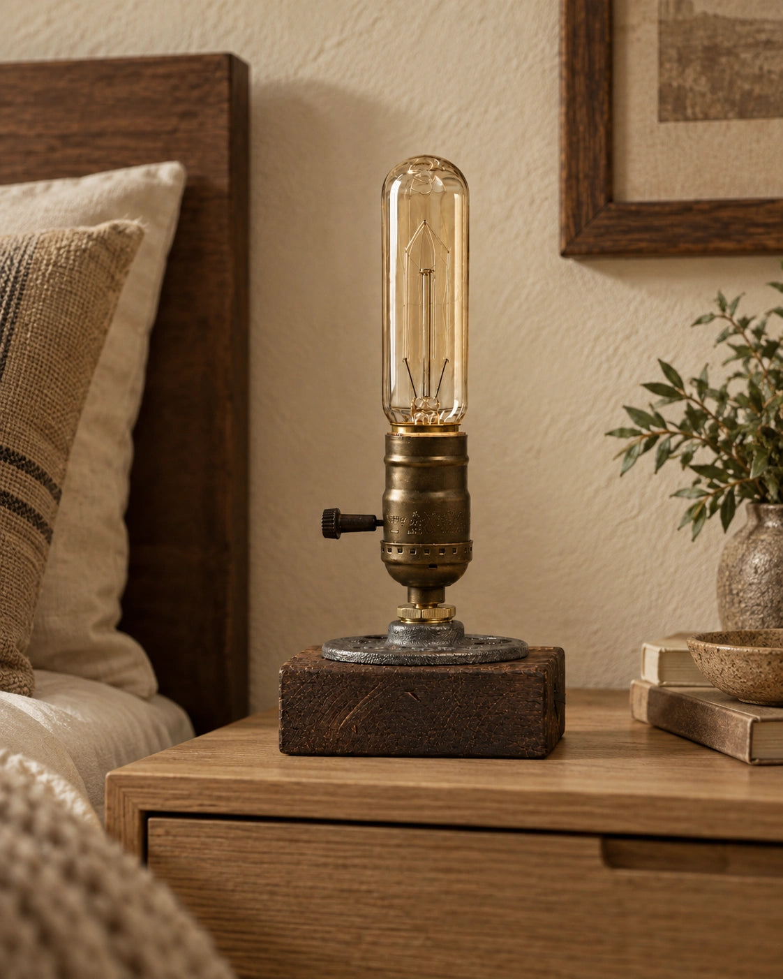 Lampe de chevet industrielle en bois et fer style edison