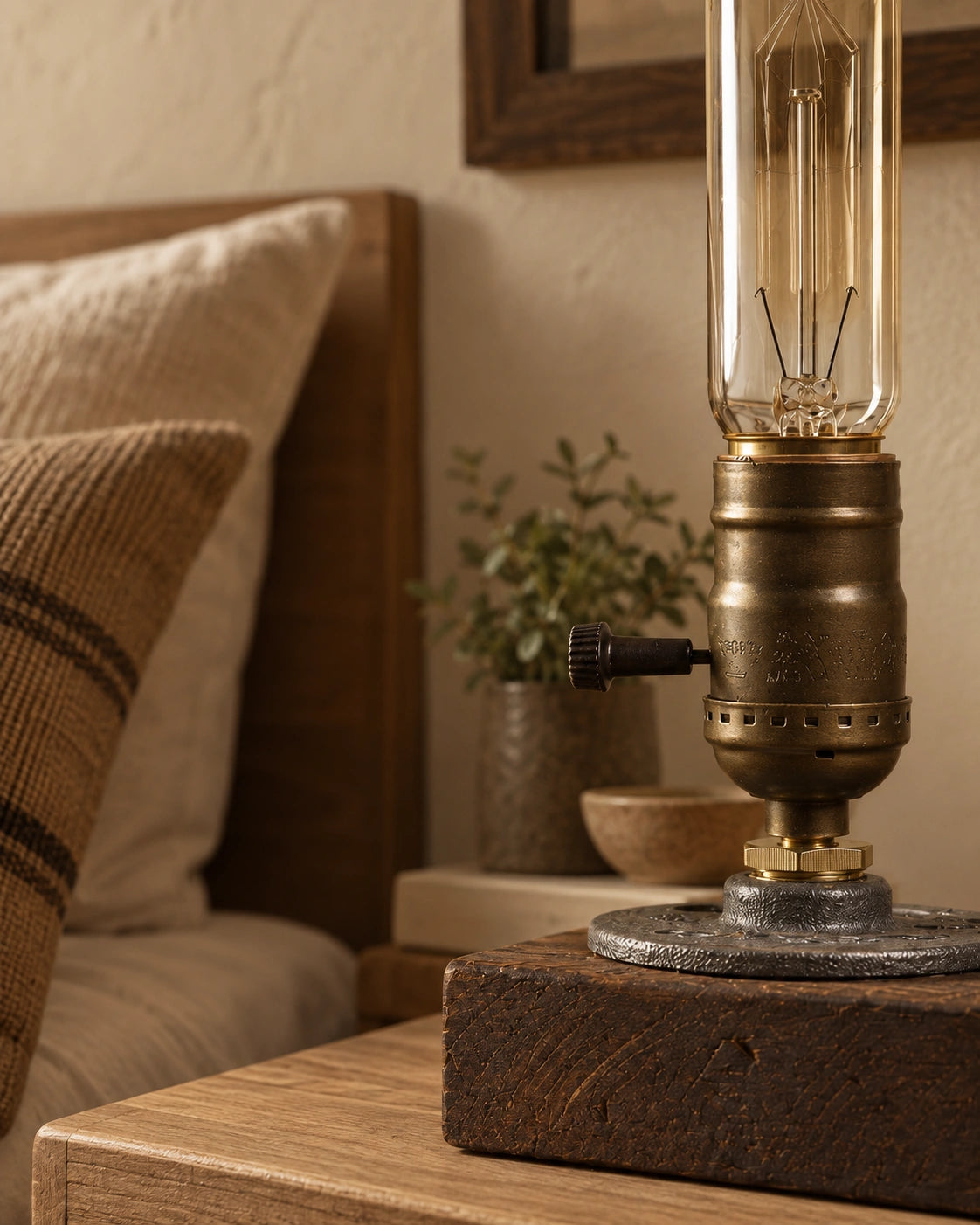Lampe de chevet industrielle en bois et fer style edison