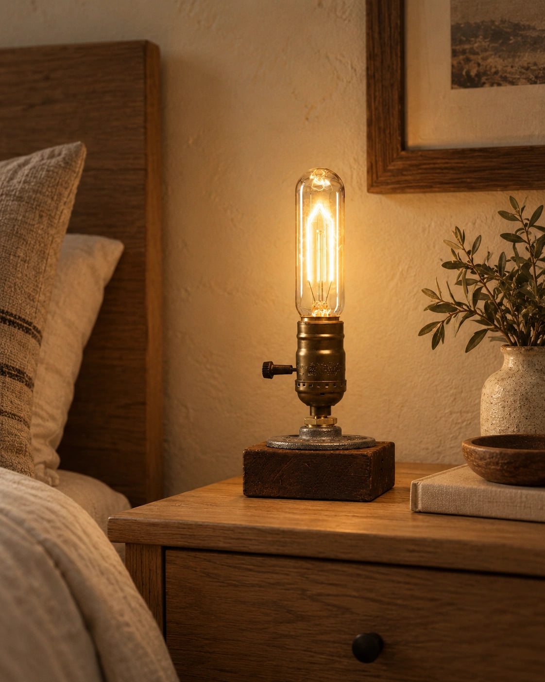 Lampe de chevet industrielle en bois et fer style edison
