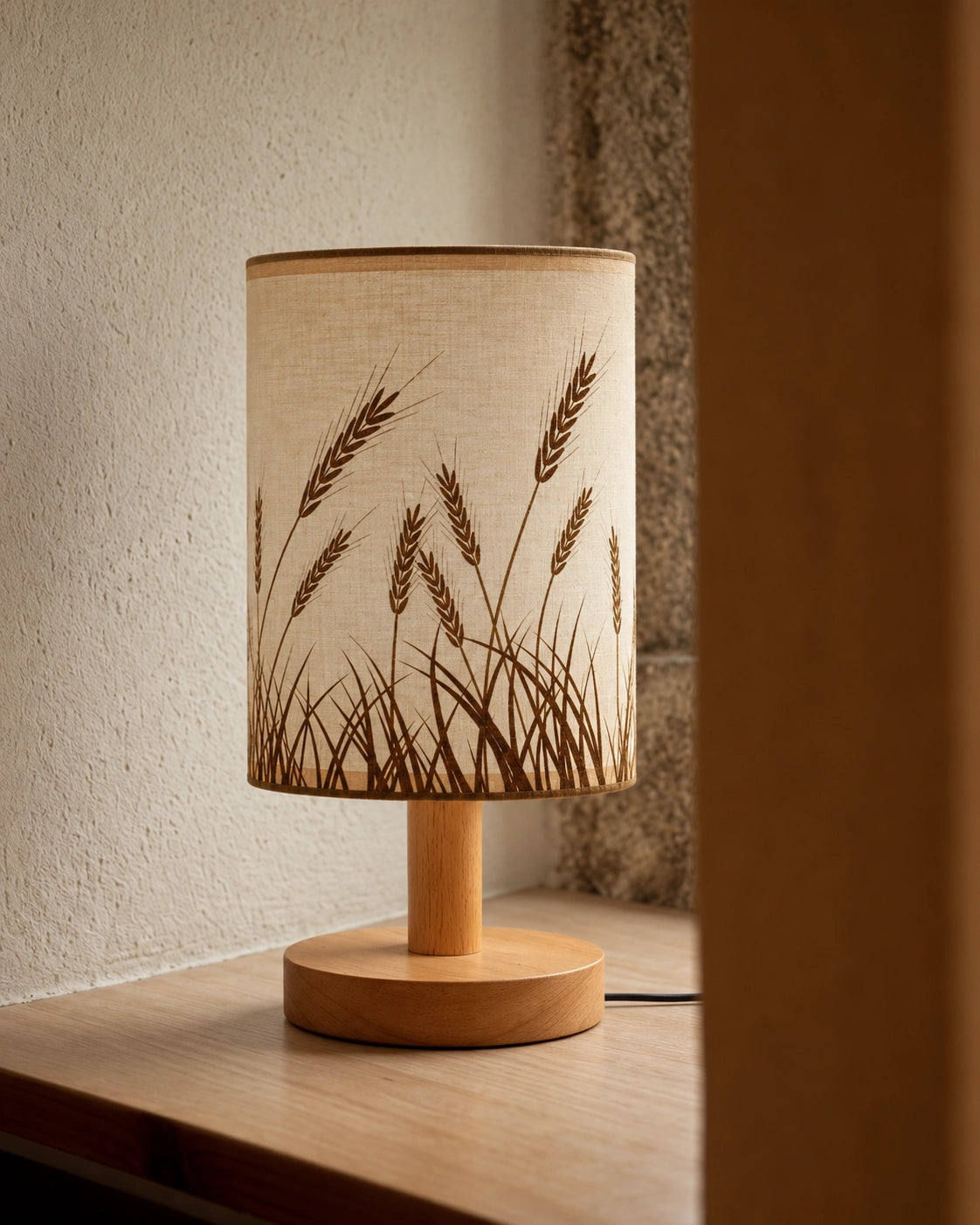 Lampe de chevet bohème en lin et en bois clair