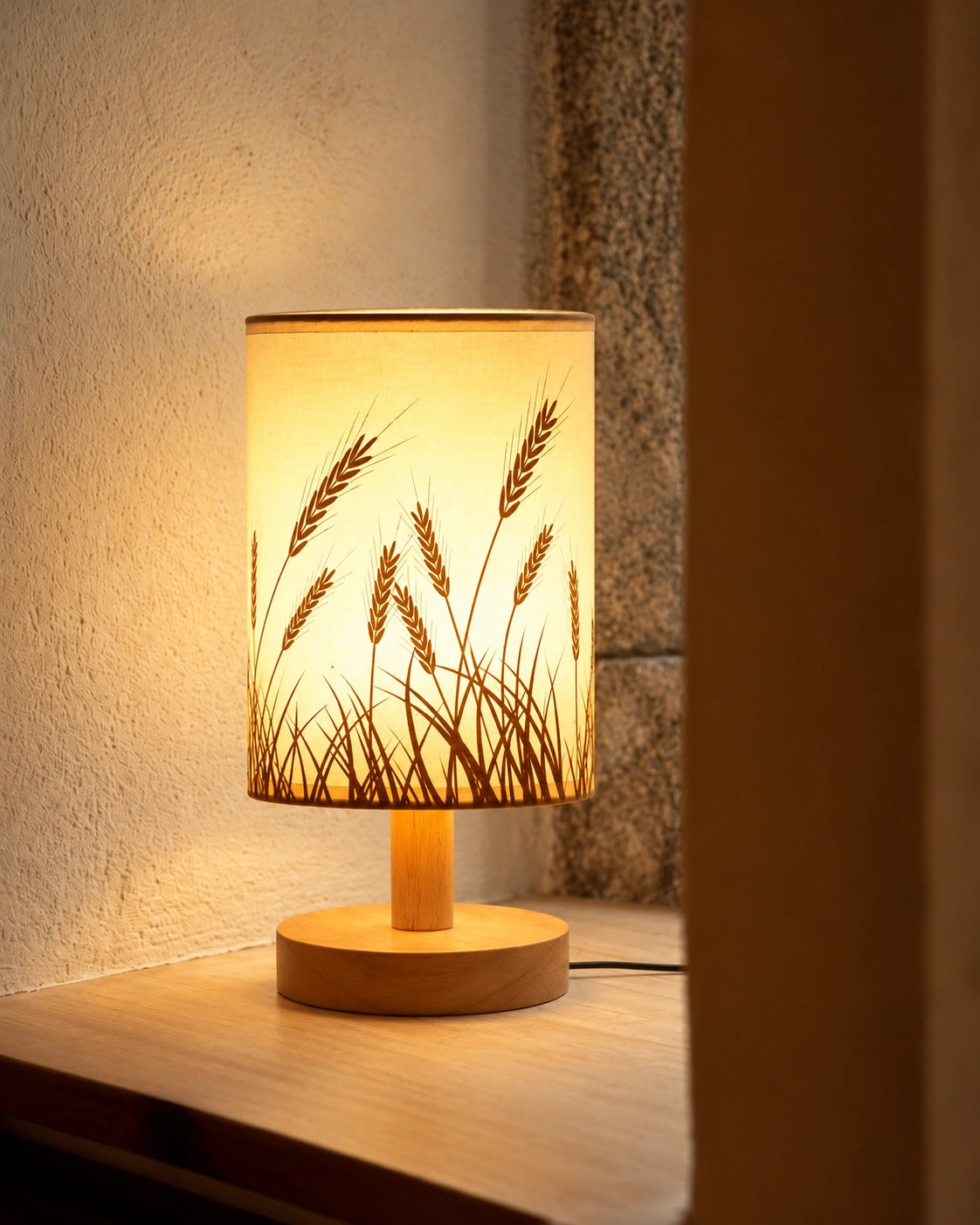 Lampe de chevet bohème en lin et en bois clair
