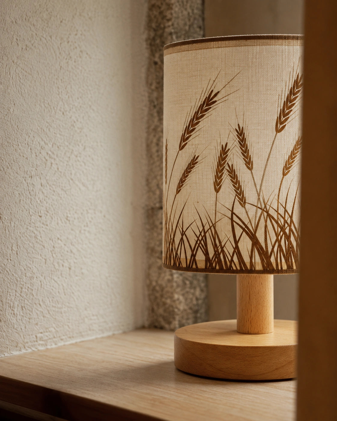 Lampe de chevet bohème en lin et en bois clair
