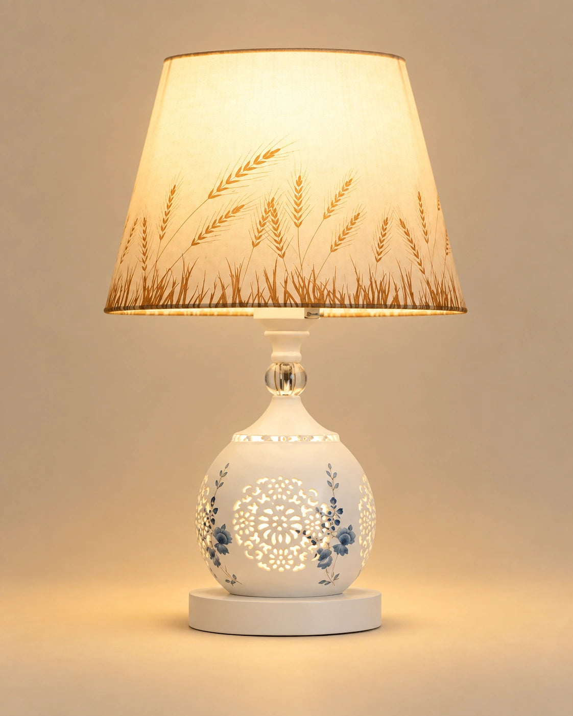Lampe de chevet luxe en résine blanche à fleure bleu