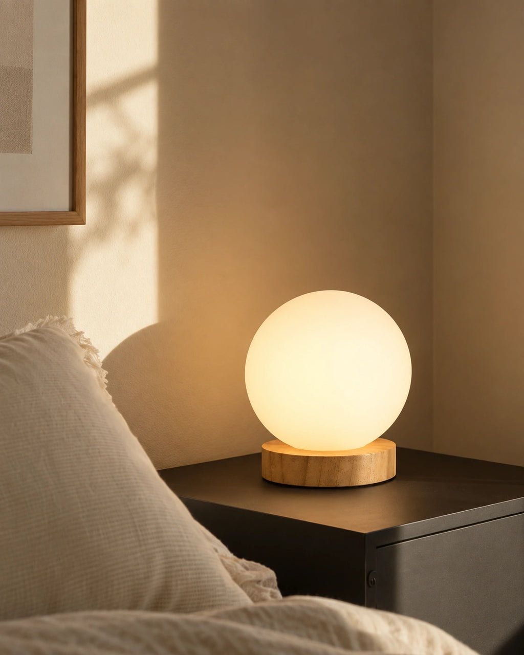 Lampe de chevet boule blanche sur socle en bois clair
