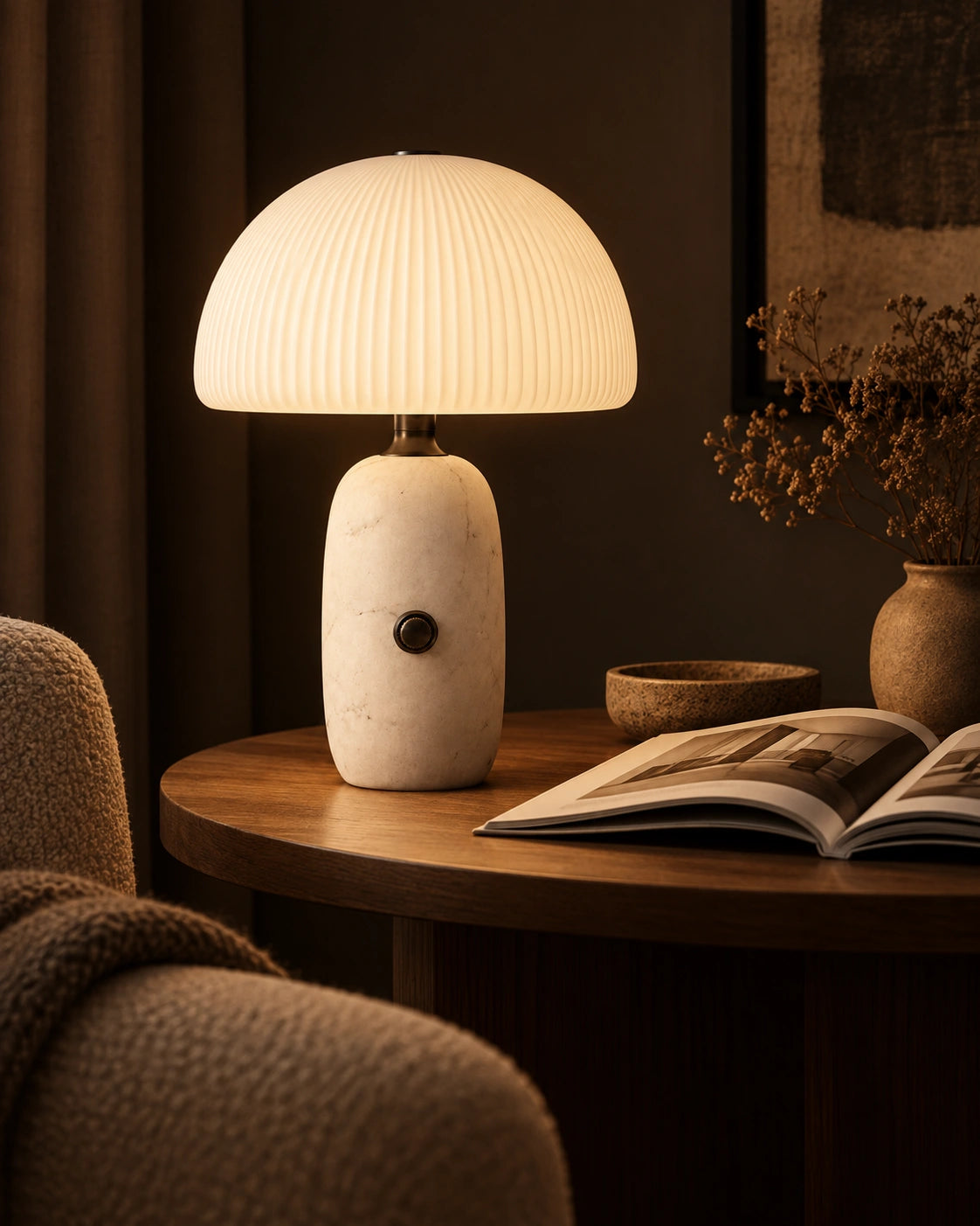 Lampe de chevet en marbre véritable blanc champignon