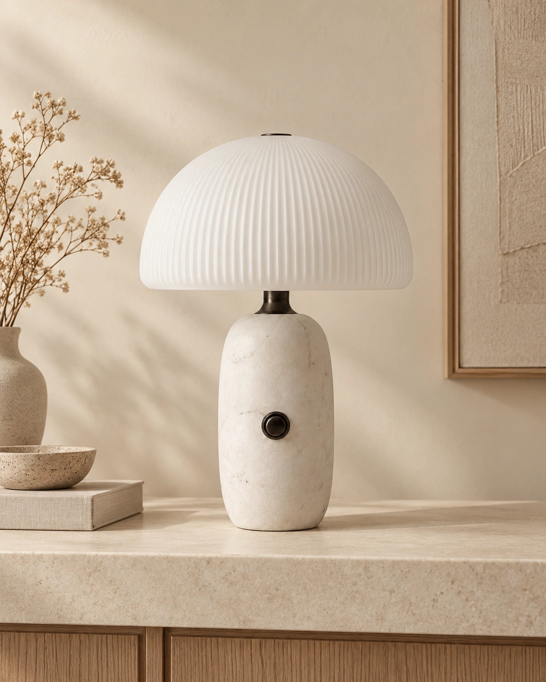 Lampe de chevet en marbre véritable blanc champignon