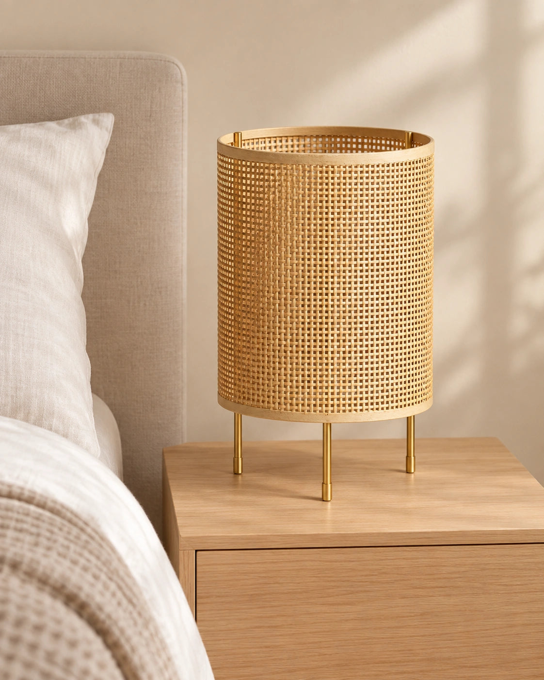 Lampe de chevet en osier à trois pieds dorée