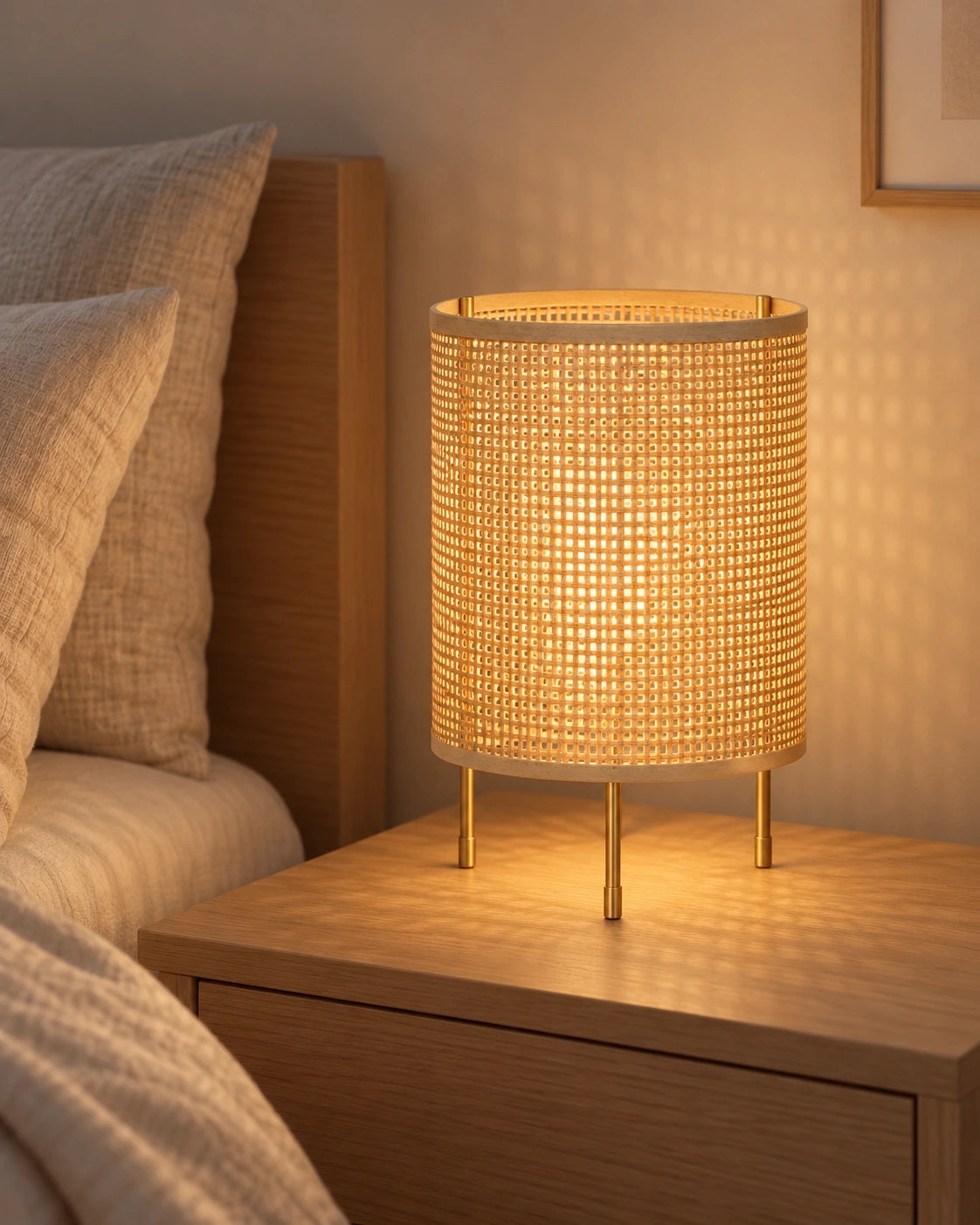 Lampe de chevet en osier à trois pieds dorée
