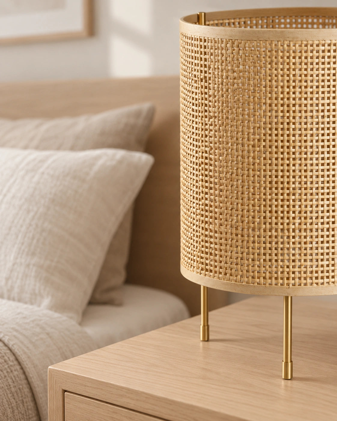 Lampe de chevet en osier à trois pieds dorée