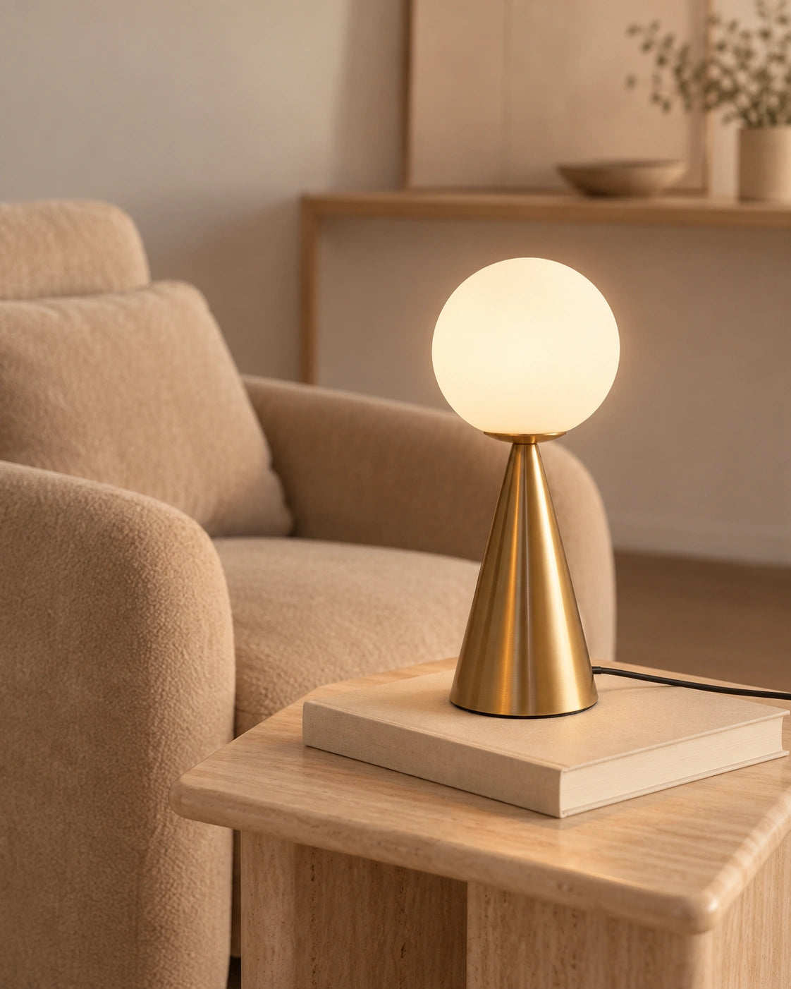 Lampe de chevet design sphère et cône doré
