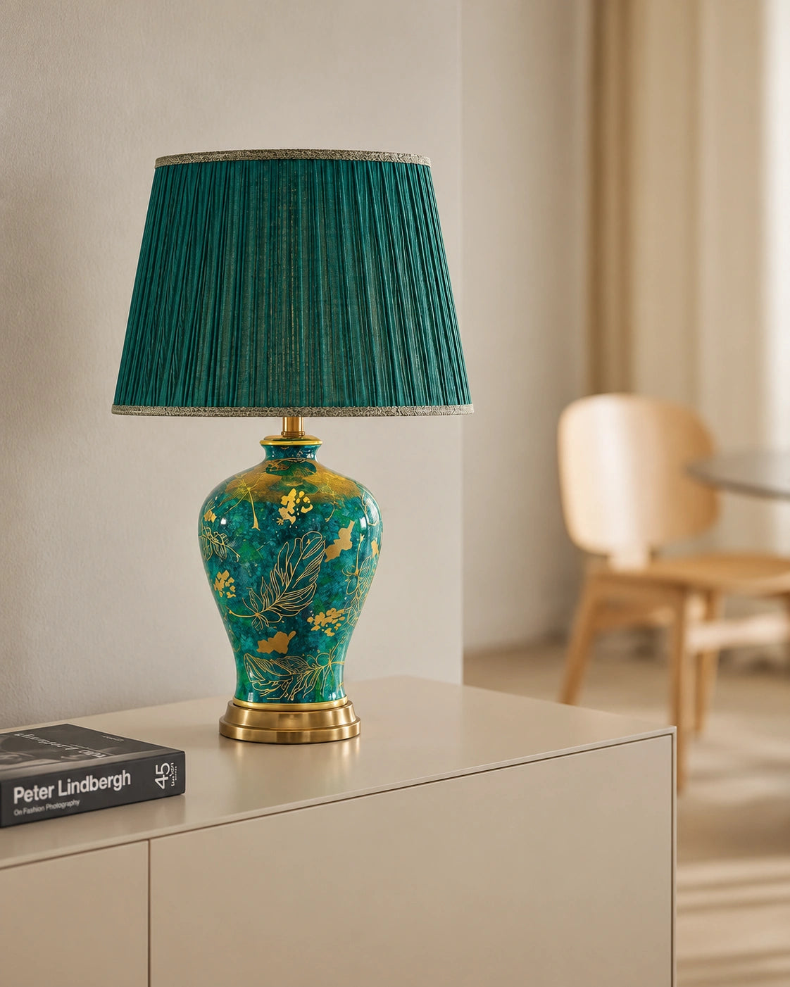 Lampe de chevet en céramique émeraude et or