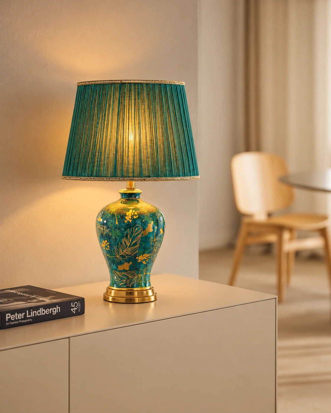 Lampe de chevet en céramique émeraude et or