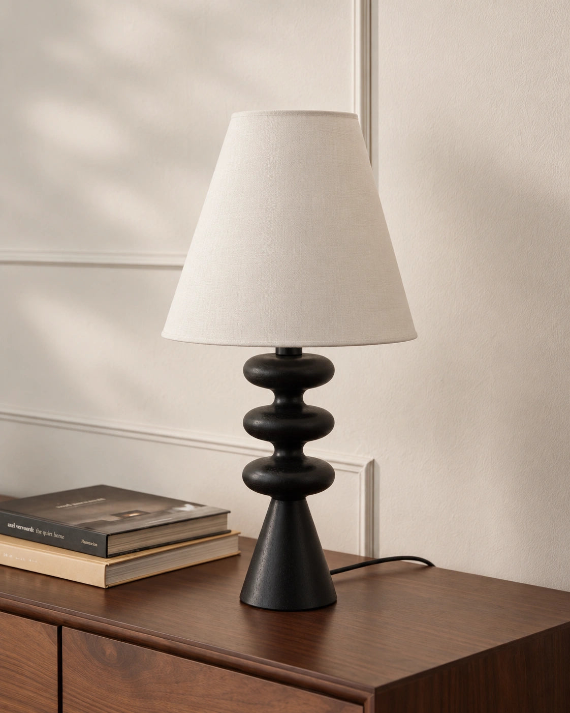 Lampe de chevet en bambou noir et abat jour beige