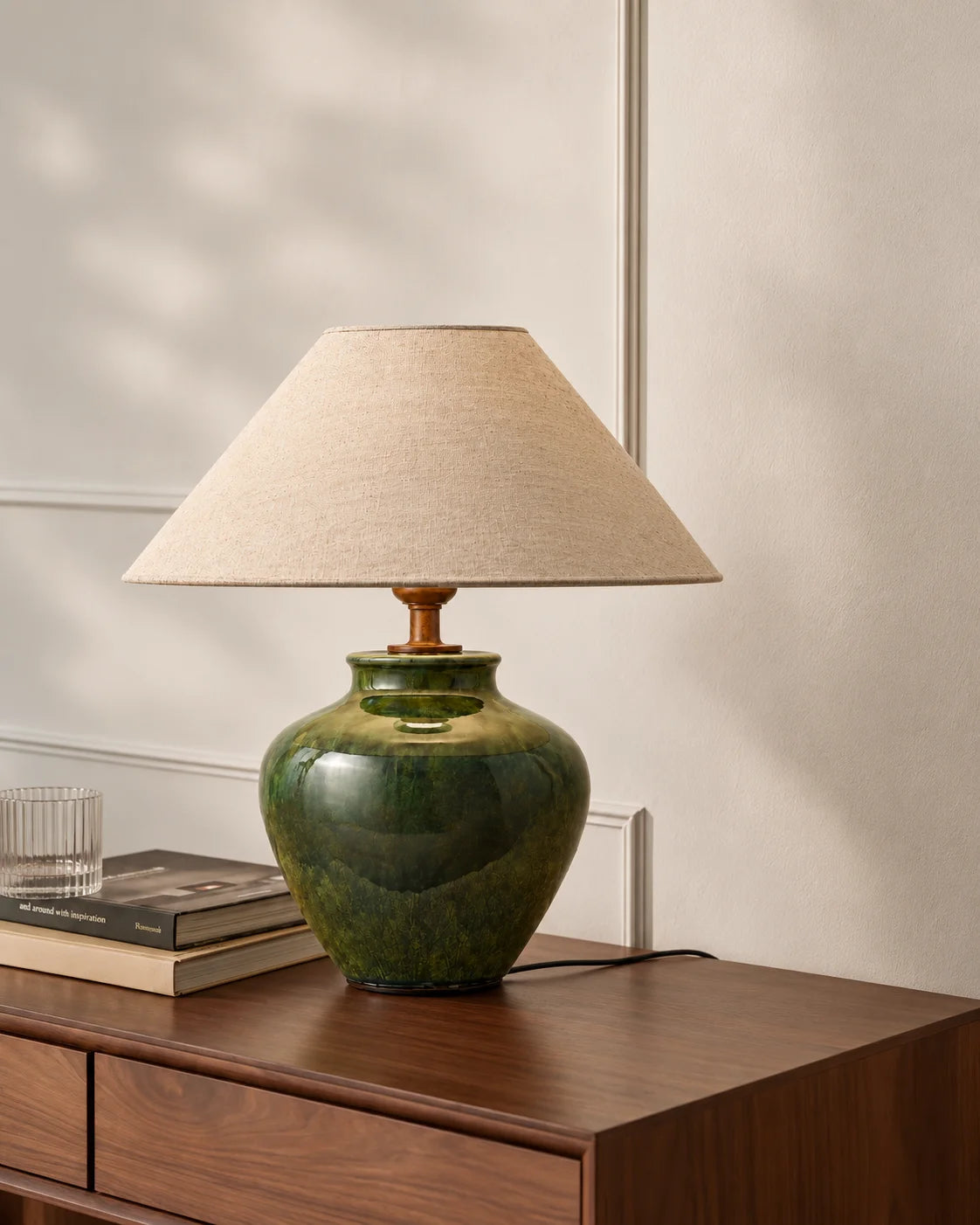 Lampe de chevet verte en céramique avec abat jour beige