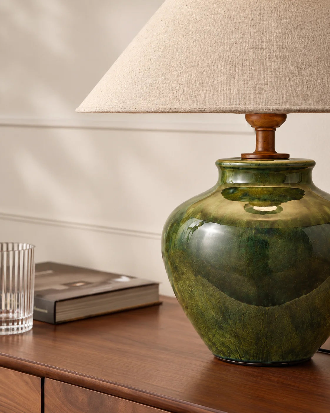 Lampe de chevet verte en céramique avec abat jour beige