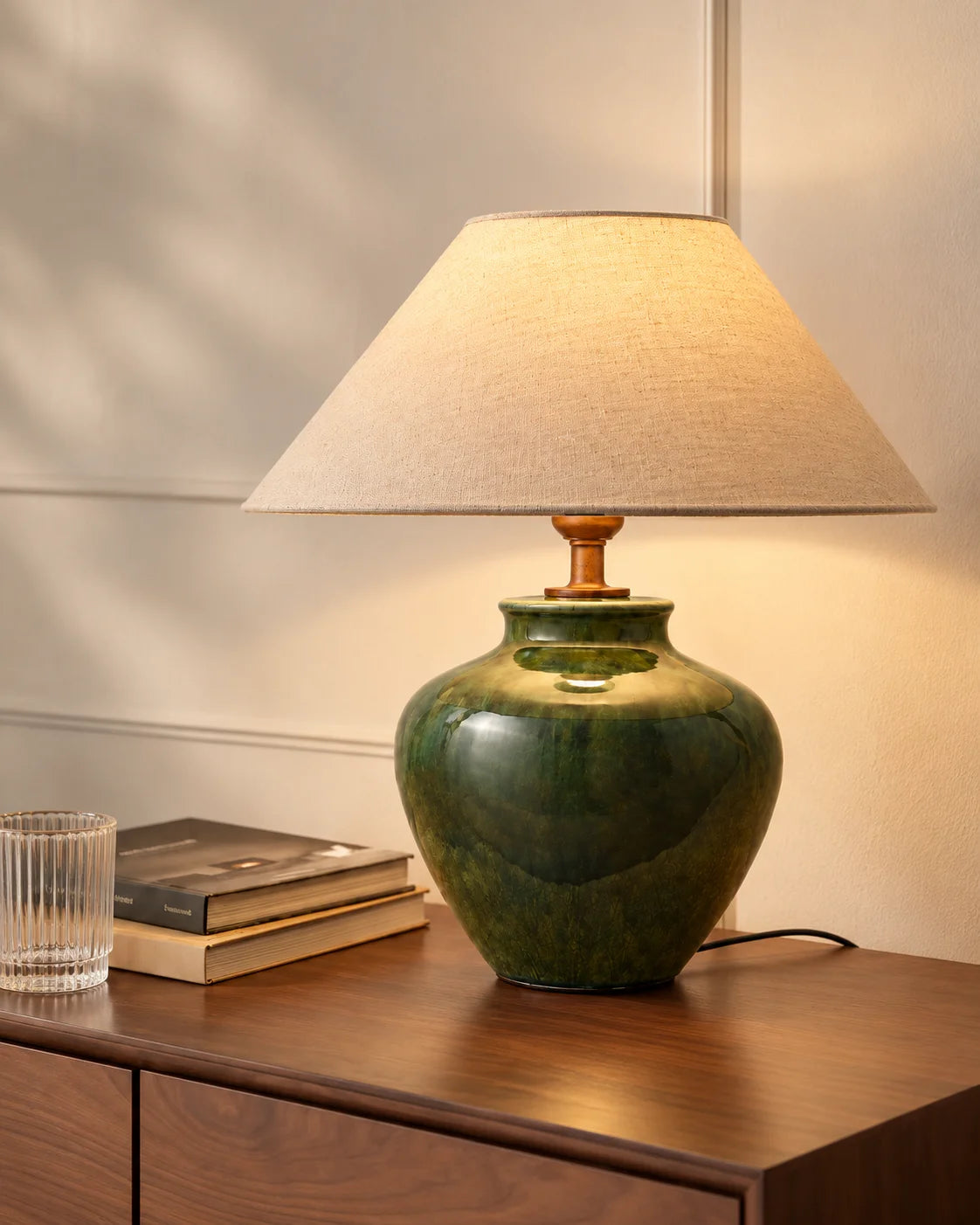 Lampe de chevet verte en céramique avec abat jour beige