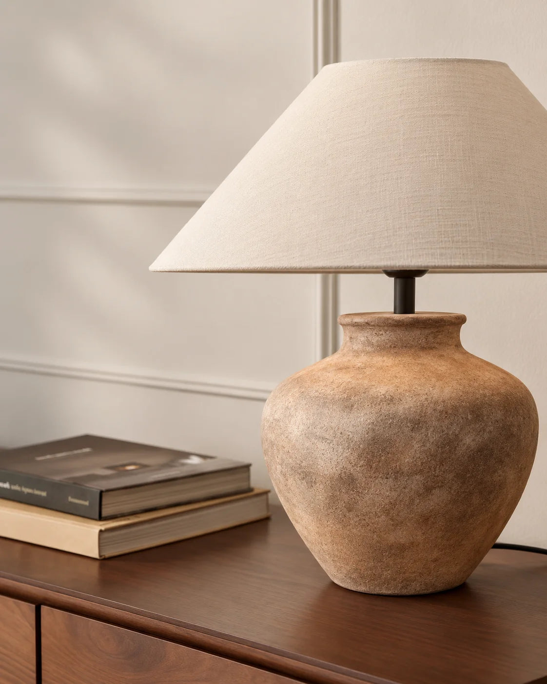 Lampe de chevet beige relief en céramique avec abat jour beige