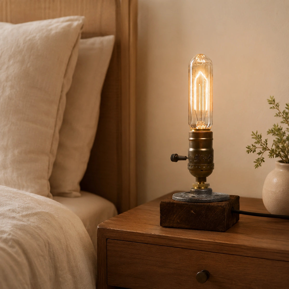 Lampe de chevet industrielle en bois