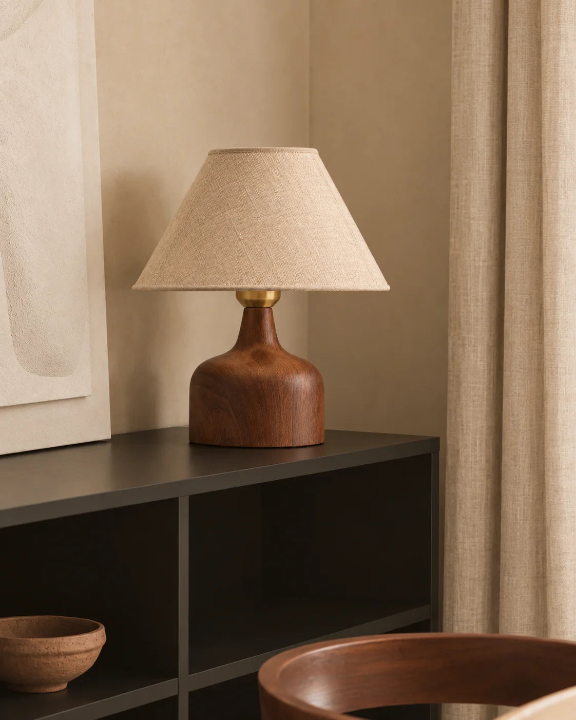 Lampe de chevet céramique imitation bois et abat jour beige