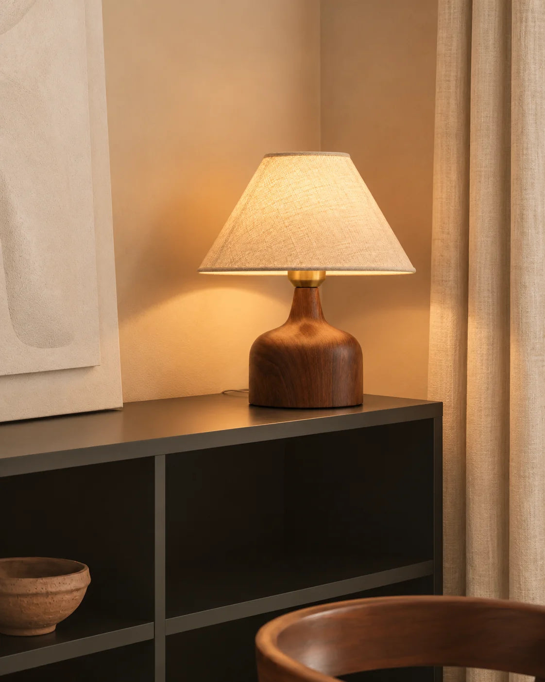 Lampe de chevet céramique imitation bois et abat jour beige
