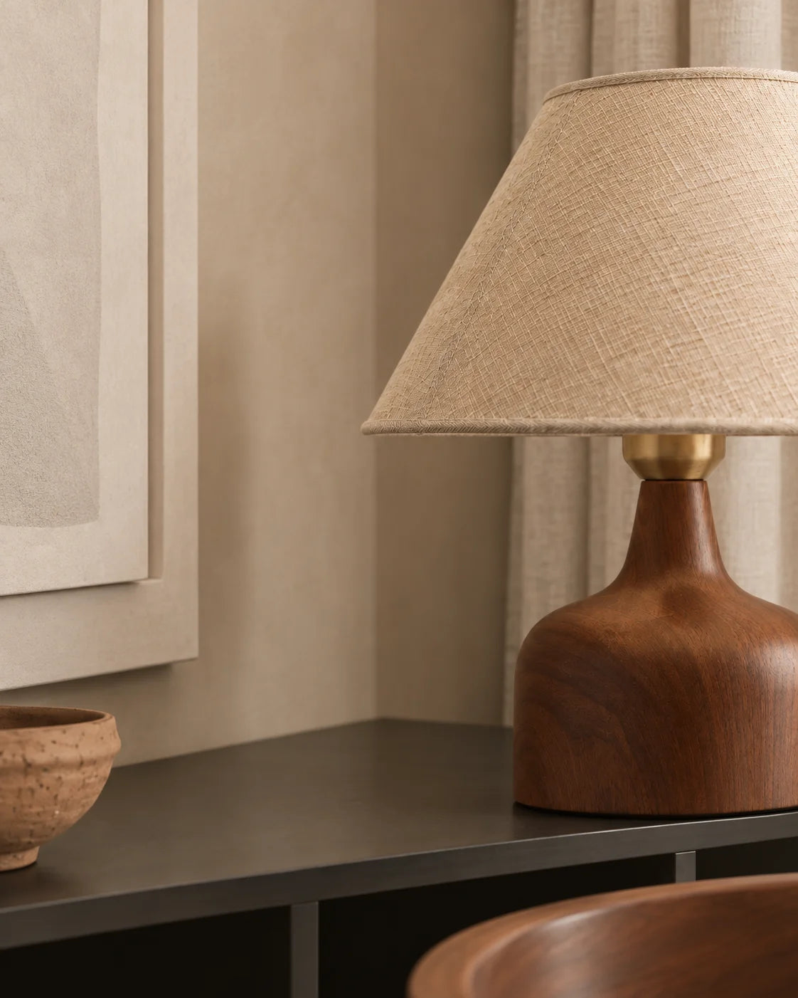 Lampe de chevet céramique imitation bois et abat jour beige