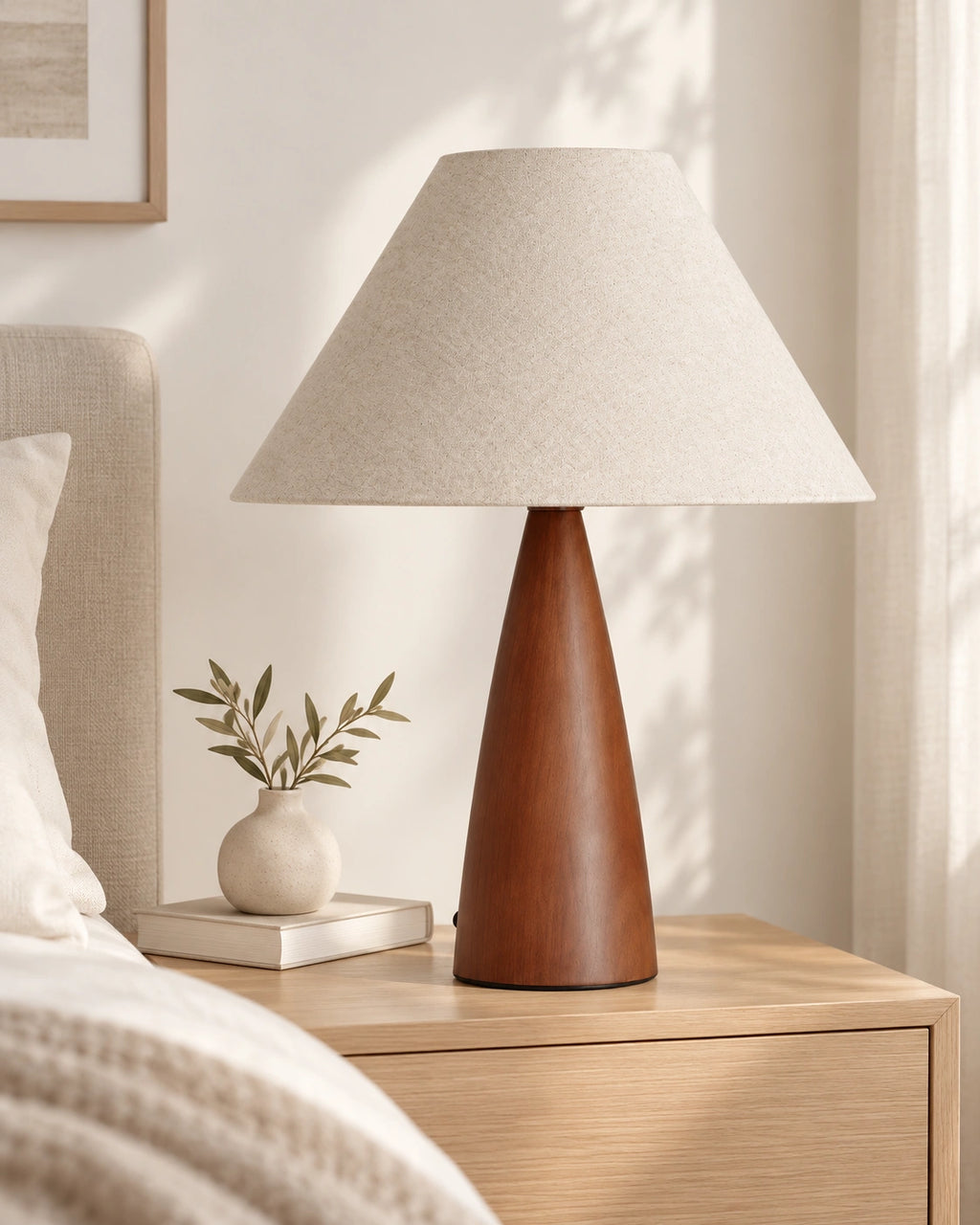 Lampe de chevet japandi en bois et beige