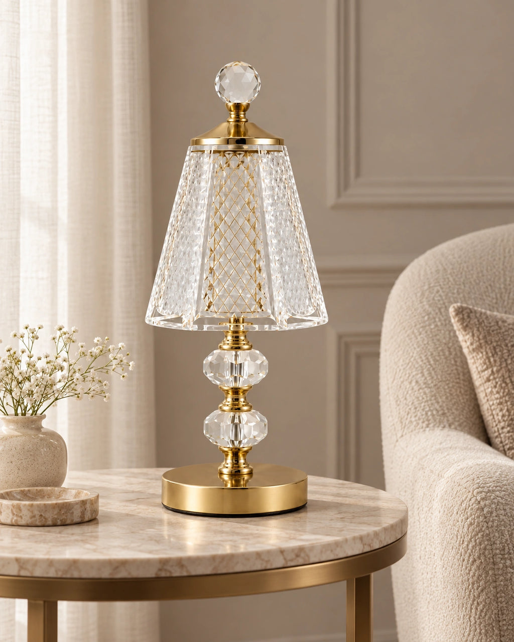 Lampe de chevet Cristal et pied Dorée