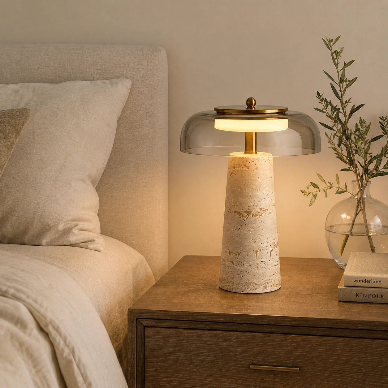 Lampe de chevet en travertin véritable et verre