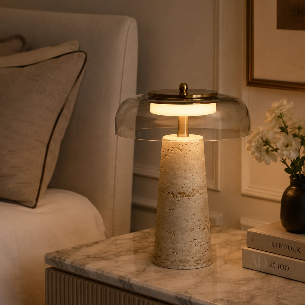 Lampe de chevet en travertin véritable et verre