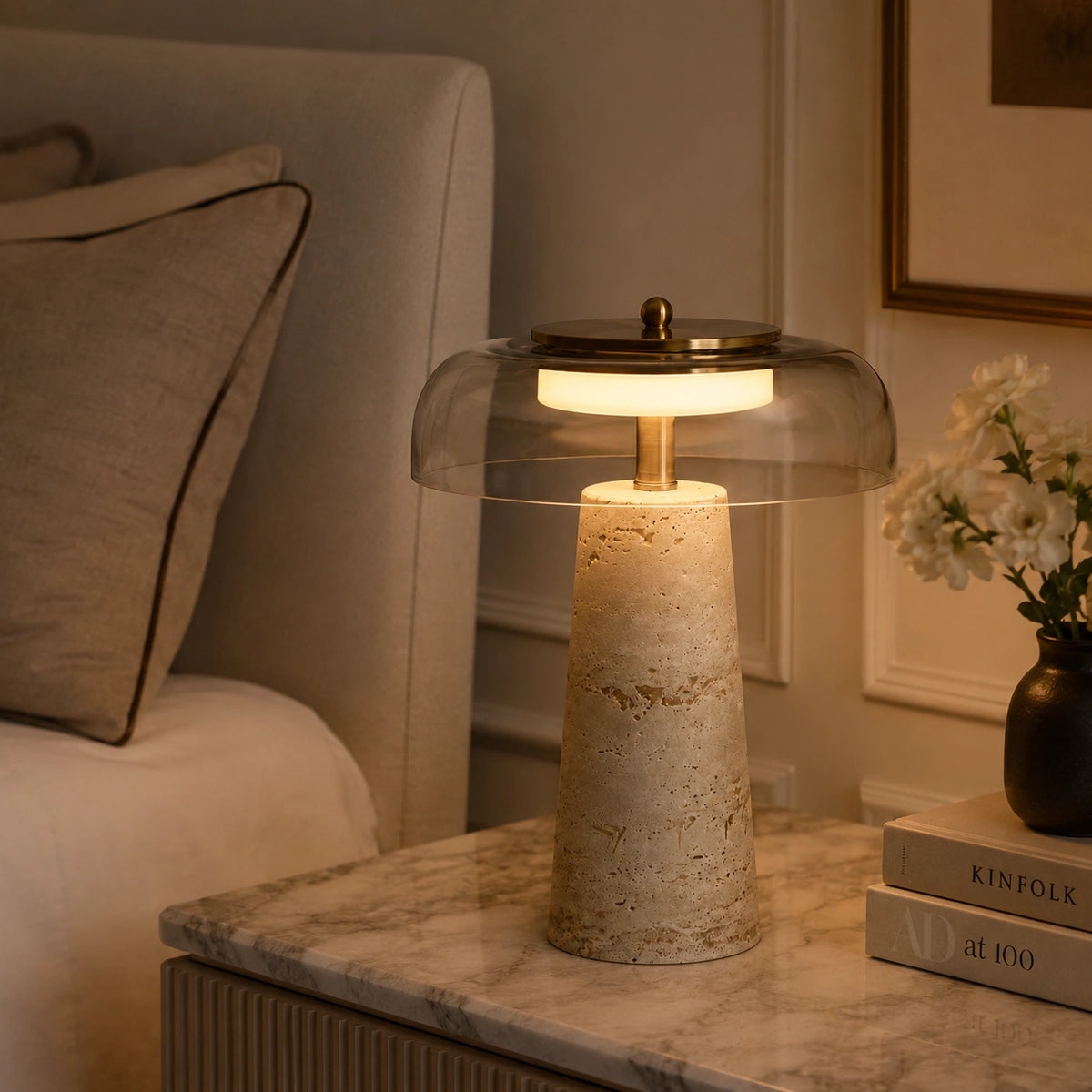 Lampe de chevet en travertin véritable et verre