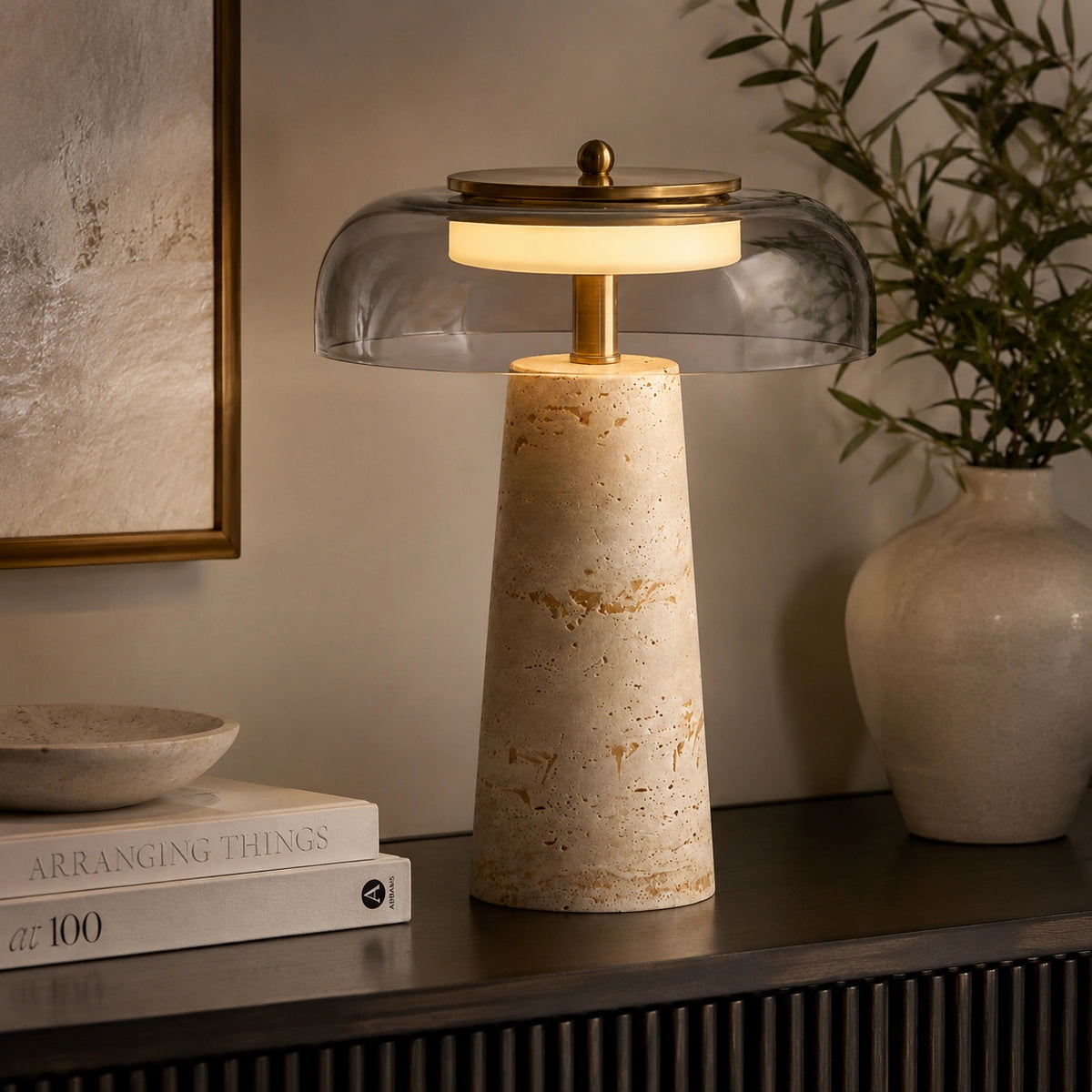 Lampe de chevet en travertin véritable et verre