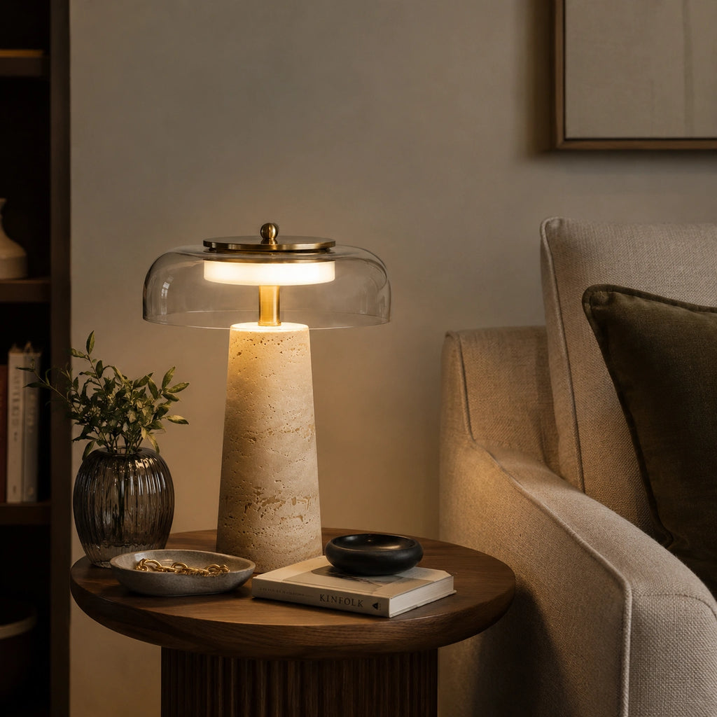 Lampe de chevet en travertin véritable et verre
