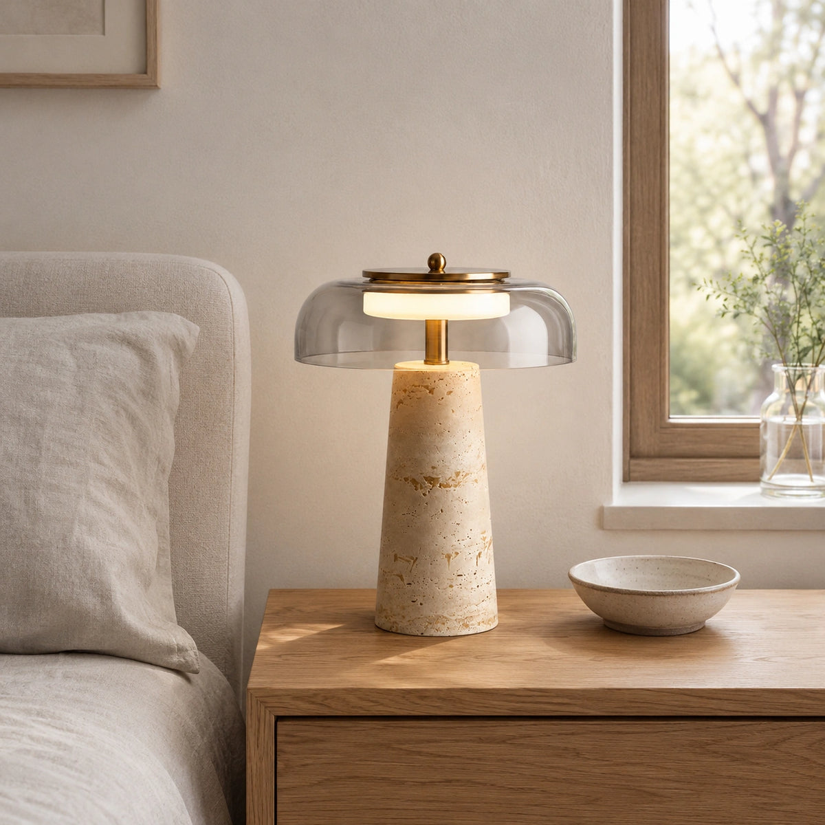 Lampe de chevet en travertin véritable et verre