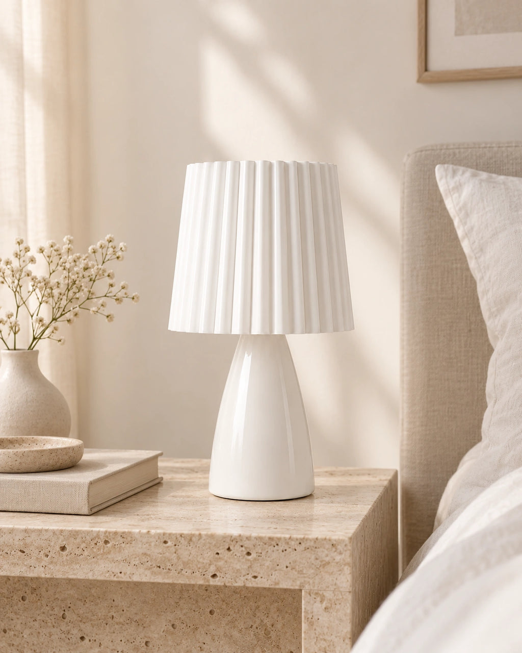 Lampe de chevet vintage plissée blanche